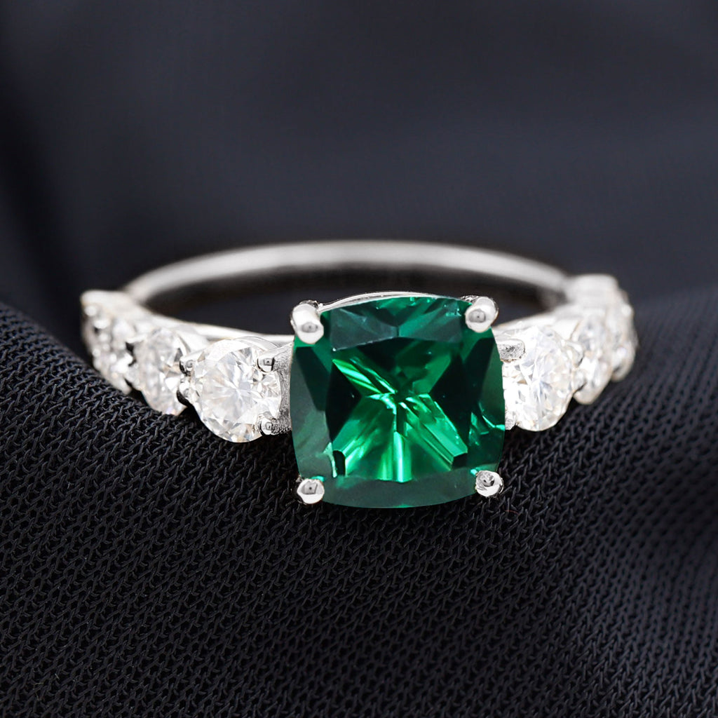 Lab Grown Emerald 8 MM Cushion Engagement Ring with Moissanite Side Stones