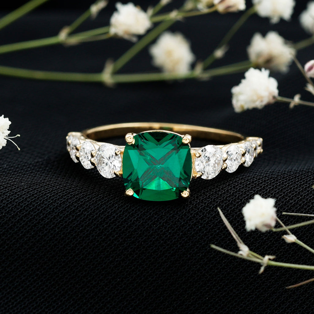 Lab Grown Emerald 8 MM Cushion Engagement Ring with Moissanite Side Stones