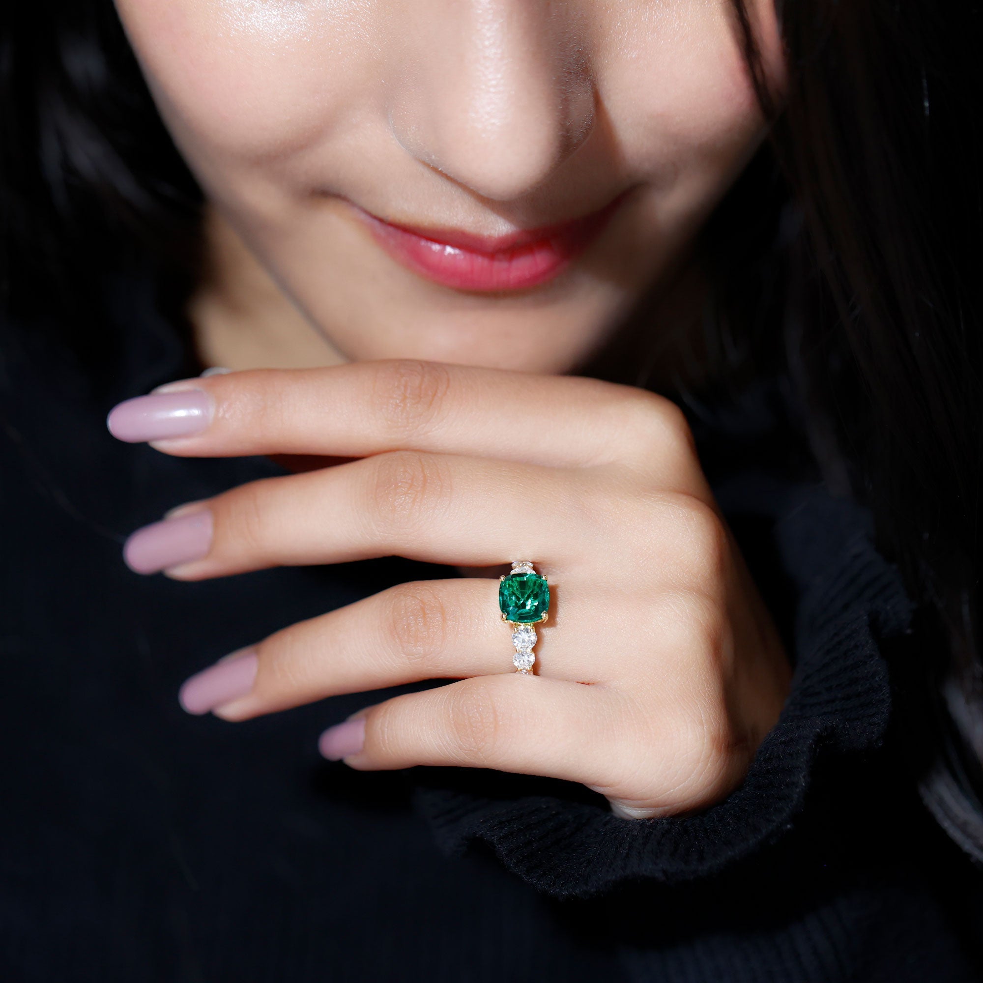 Lab Grown Emerald 8 MM Cushion Engagement Ring with Moissanite Side Stones