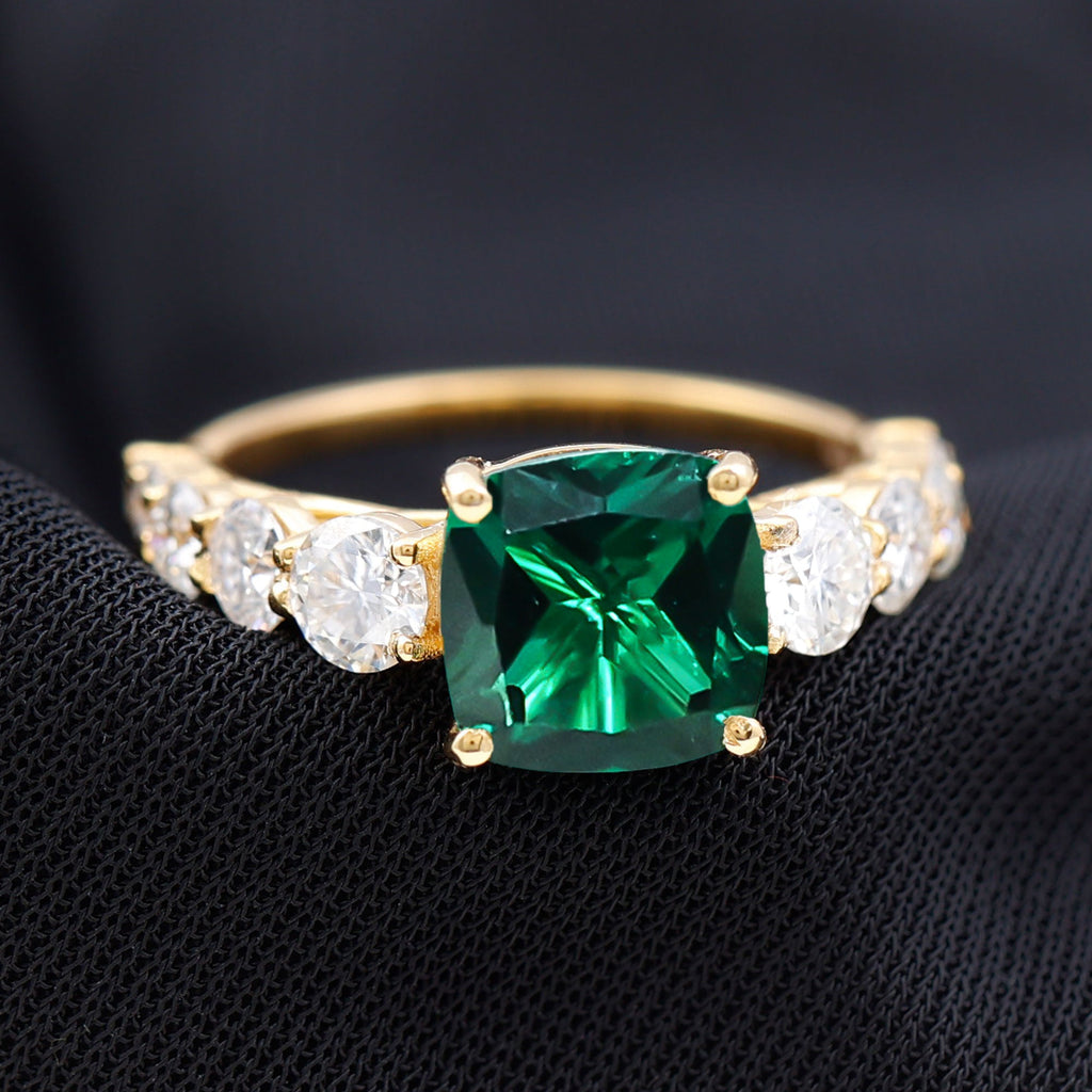 Lab Grown Emerald 8 MM Cushion Engagement Ring with Moissanite Side Stones