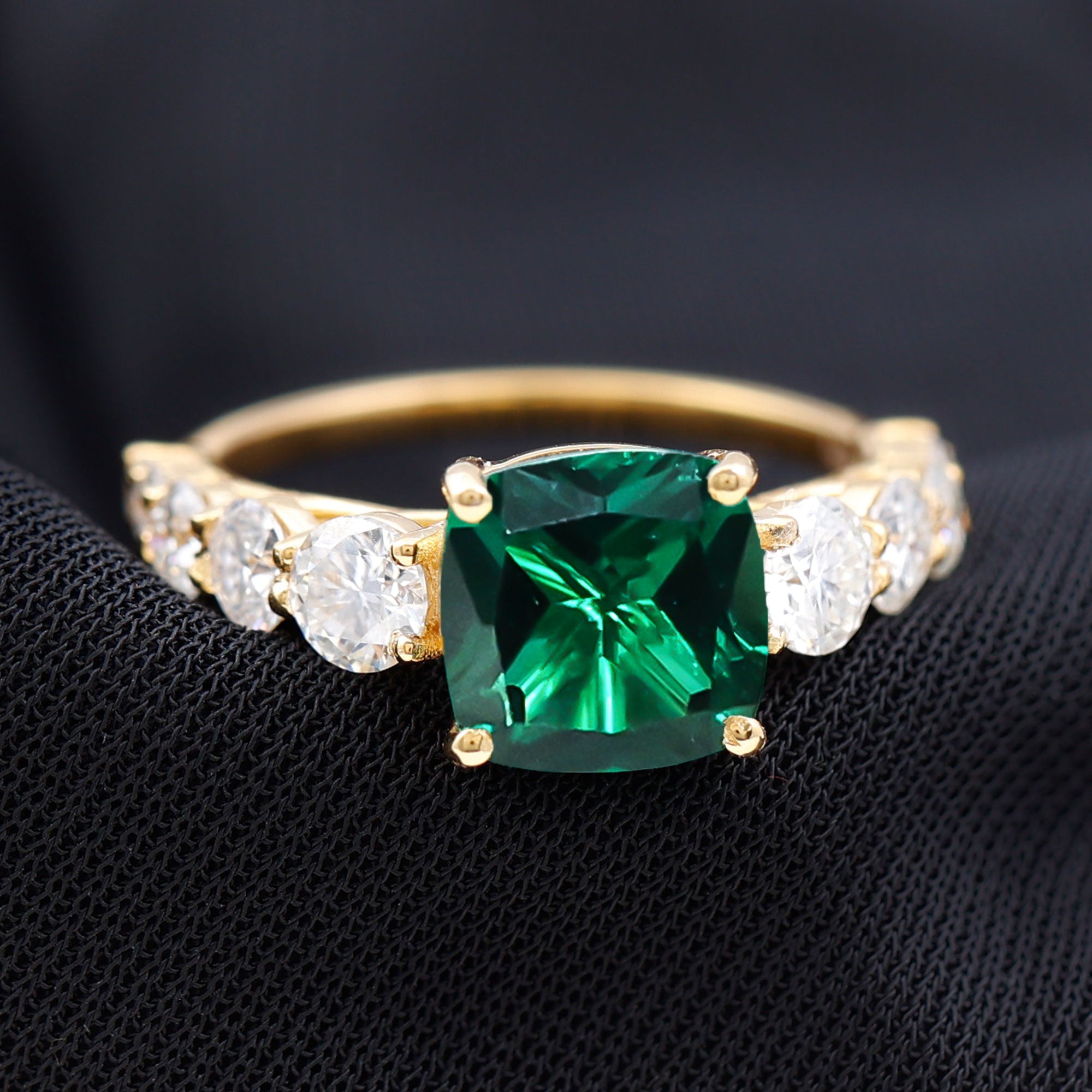 Lab Grown Emerald 8 MM Cushion Engagement Ring with Moissanite Side Stones