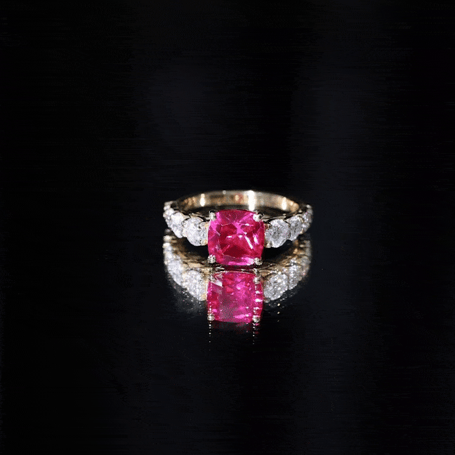 Asscher Cut Created Ruby Solitaire Ring with Moissanite Side Stones