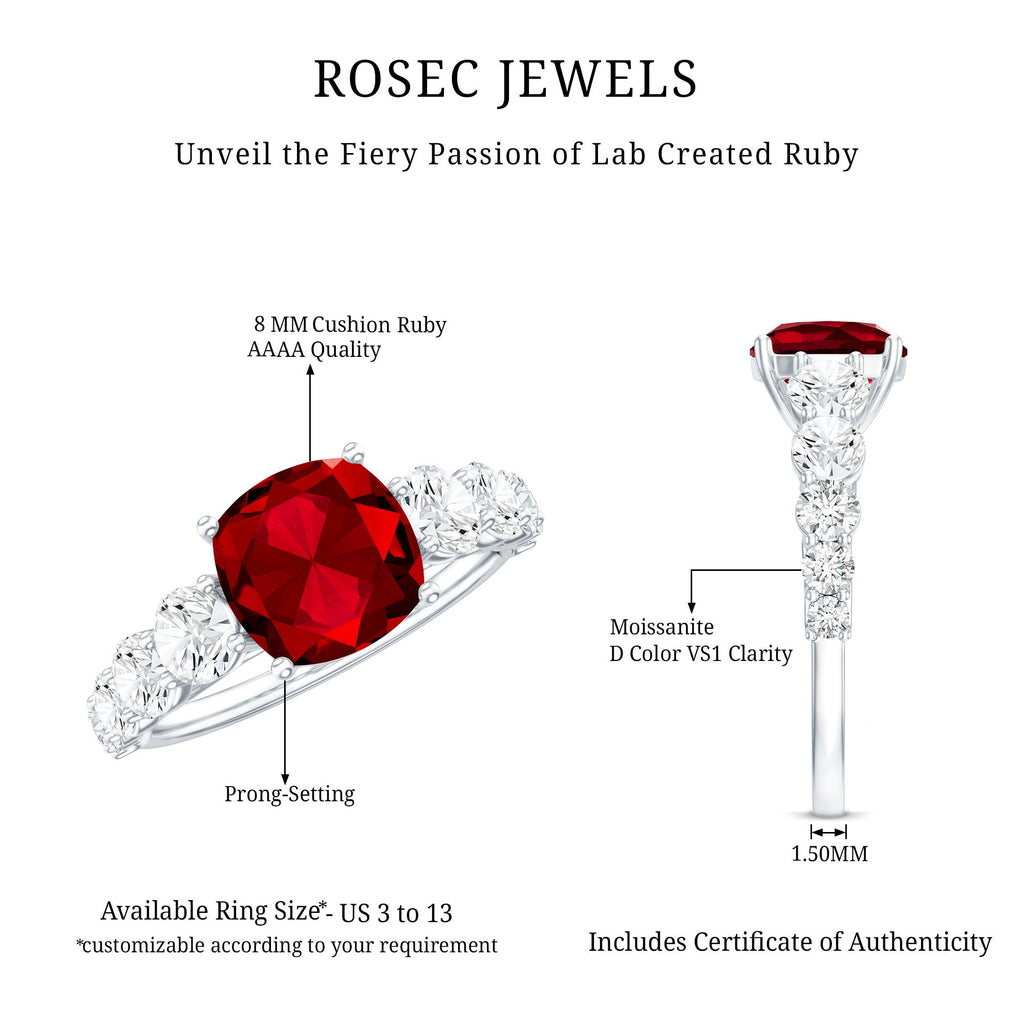 Asscher Cut Created Ruby Solitaire Ring with Moissanite Side Stones