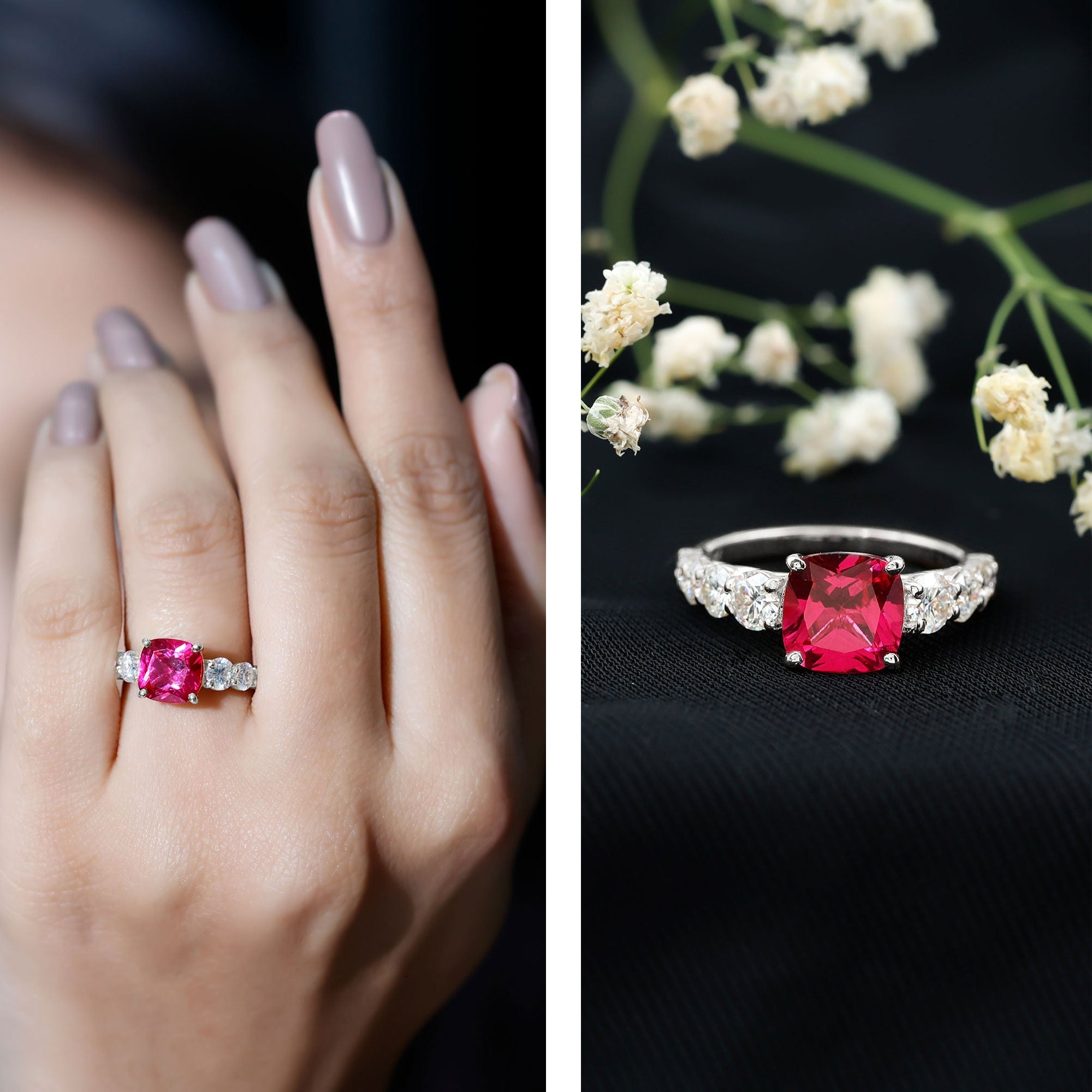 Asscher Cut Created Ruby Solitaire Ring with Moissanite Side Stones