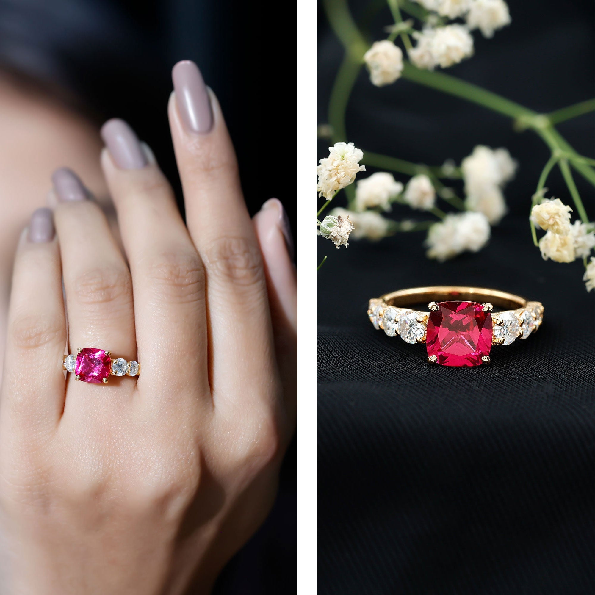 Asscher Cut Created Ruby Solitaire Ring with Moissanite Side Stones
