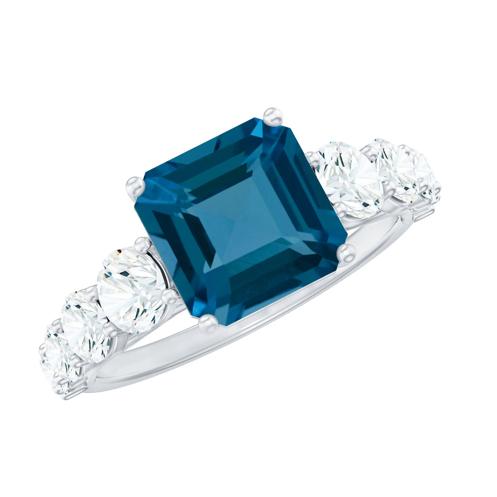 8mm Asscher Cut London Blue Topaz Solitaire Engagement Ring with Moissanite