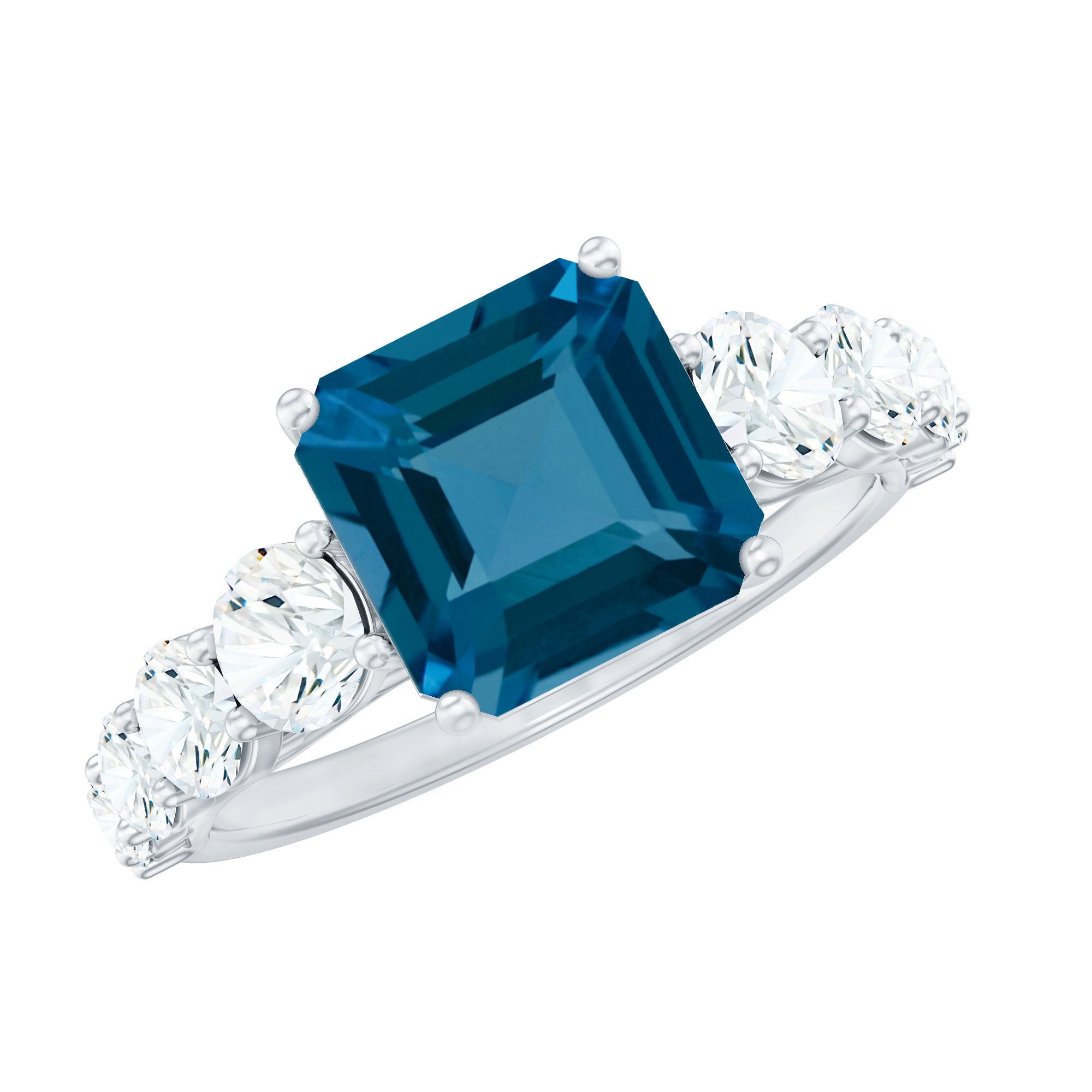 8mm Asscher Cut London Blue Topaz Solitaire Engagement Ring with Moissanite