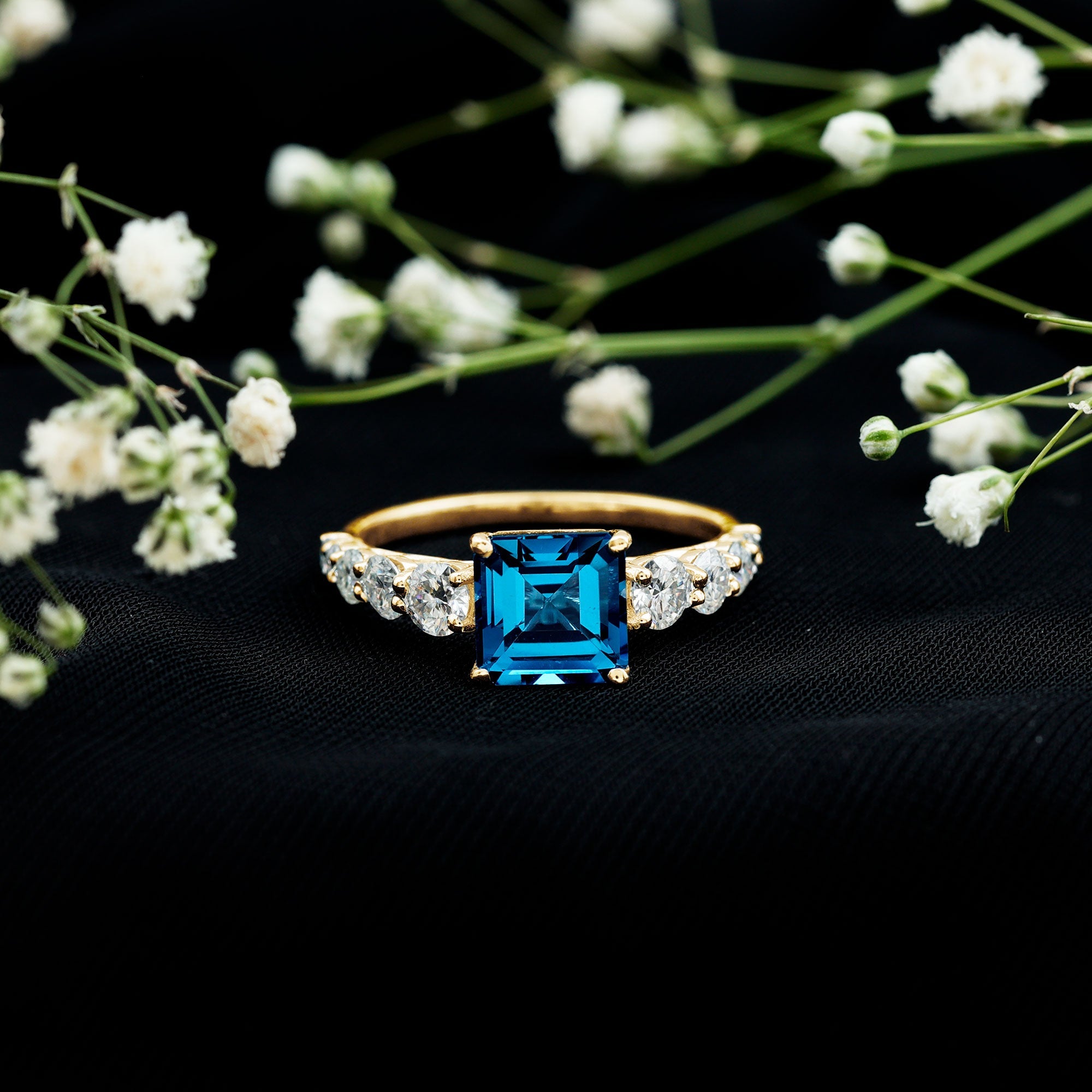 8mm Asscher Cut London Blue Topaz Solitaire Engagement Ring with Moissanite