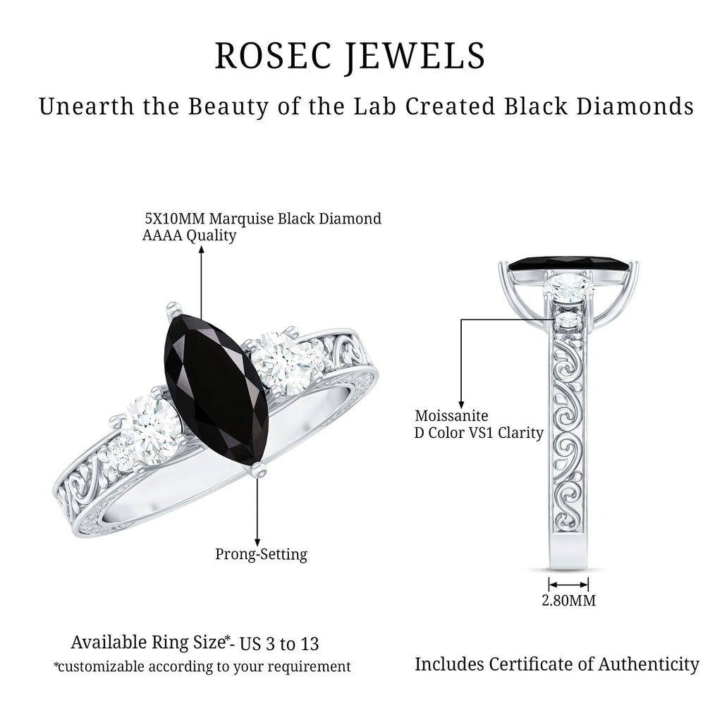Vintage Inspired Lab Grown Black Diamond Solitaire Ring with Moissanite