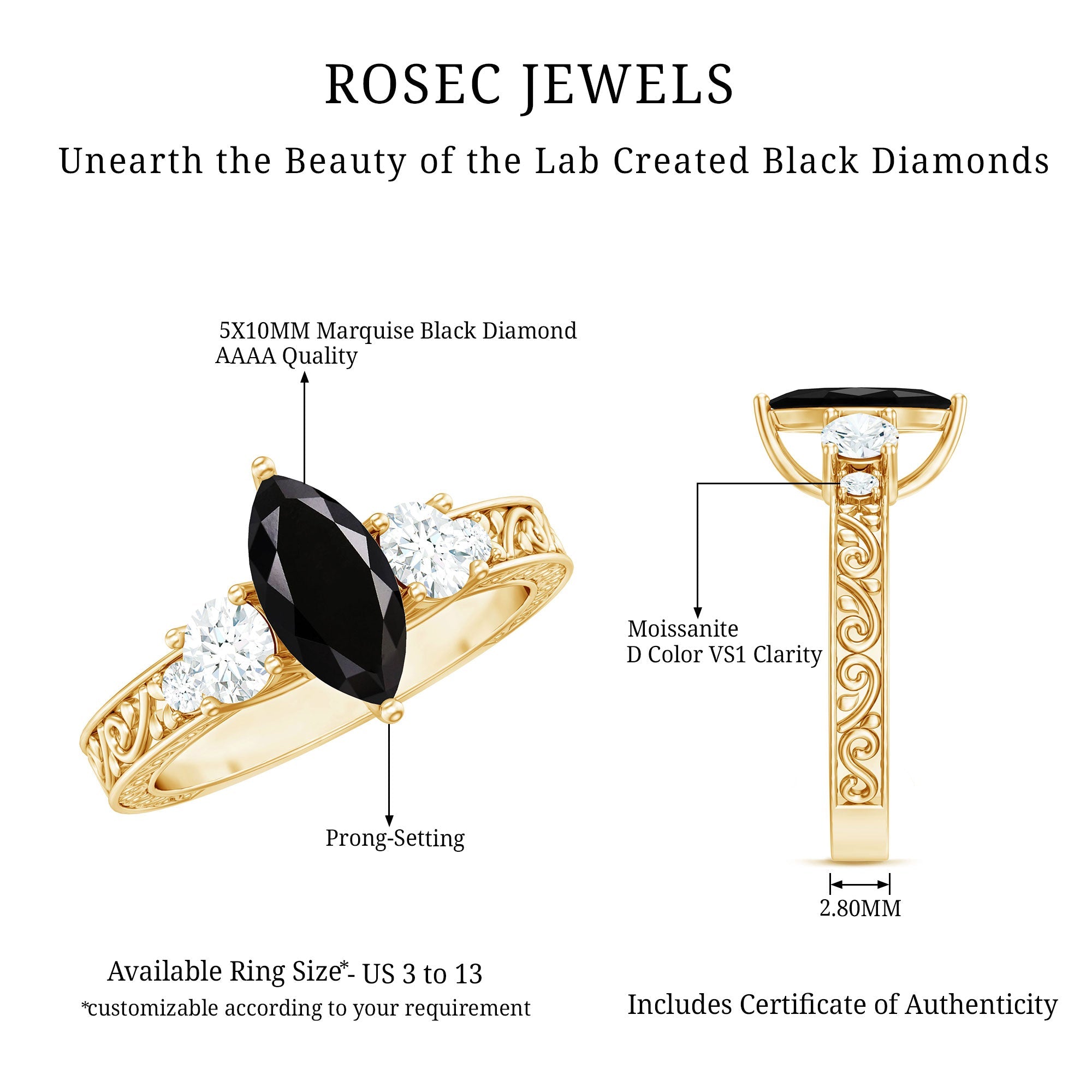 Vintage Inspired Lab Grown Black Diamond Solitaire Ring with Moissanite