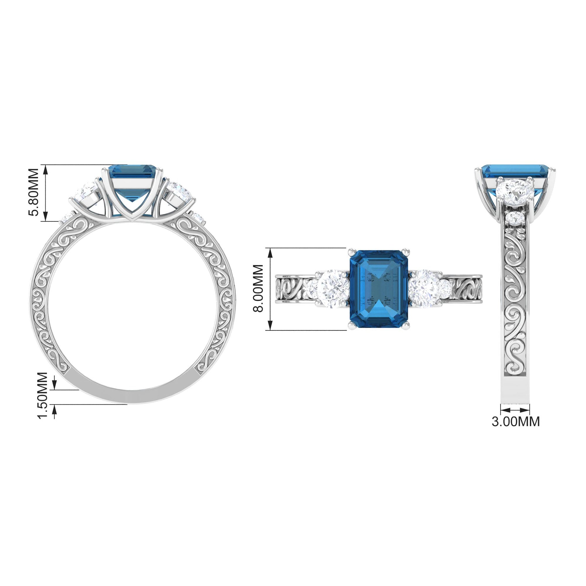 6X8mm Emerald Cut London Blue Topaz Statement Ring with Engraved Shank