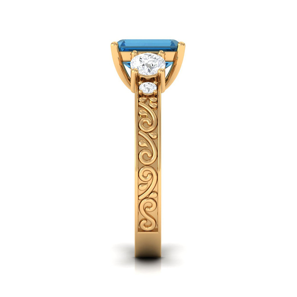 6X8mm Emerald Cut London Blue Topaz Statement Ring with Engraved Shank
