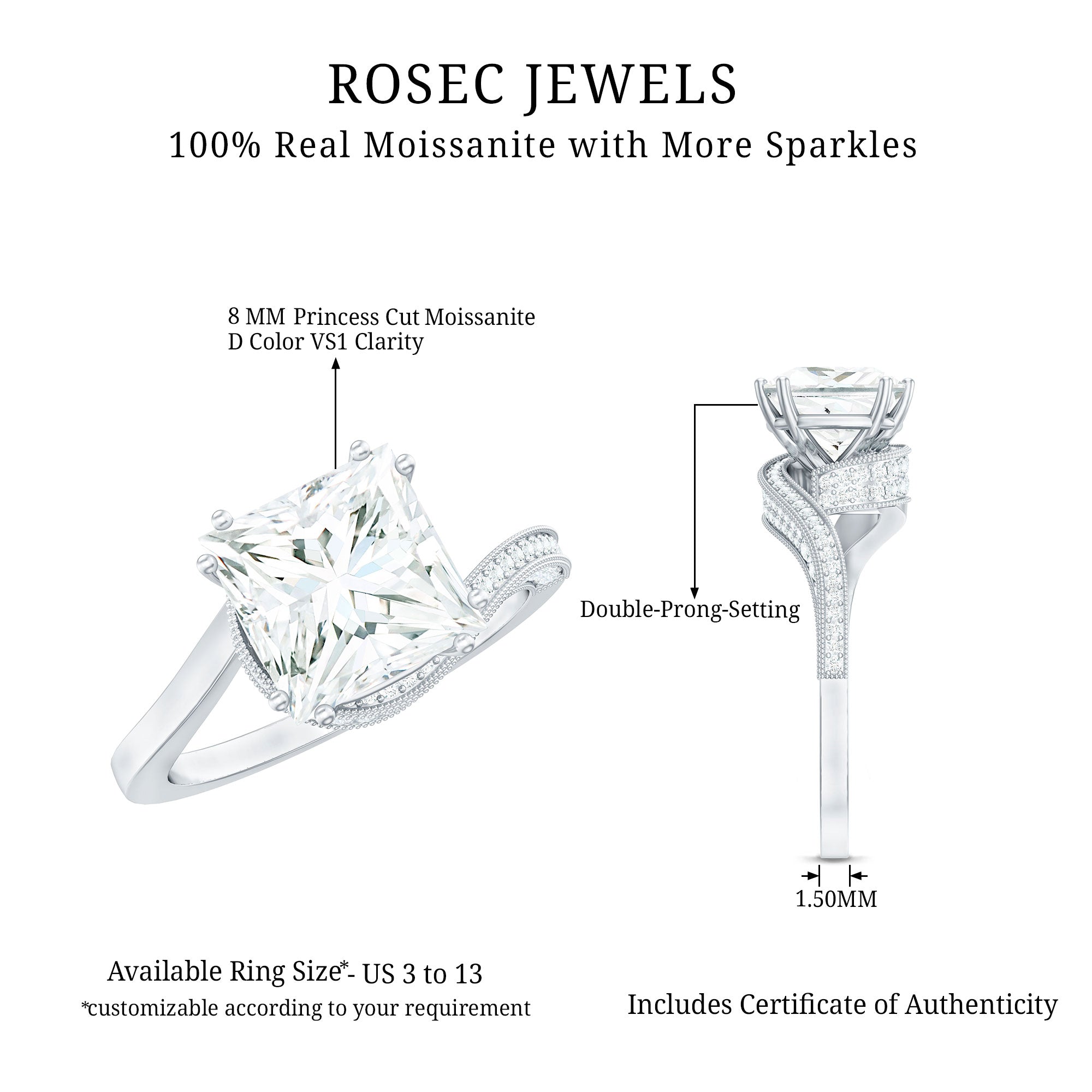 3.5 CT Moissanite Bypass Engagement Ring with Milgrain Detailing
