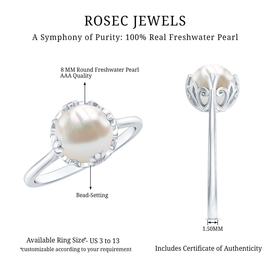 8 MM Round Pearl Art Deco Engagement Ring