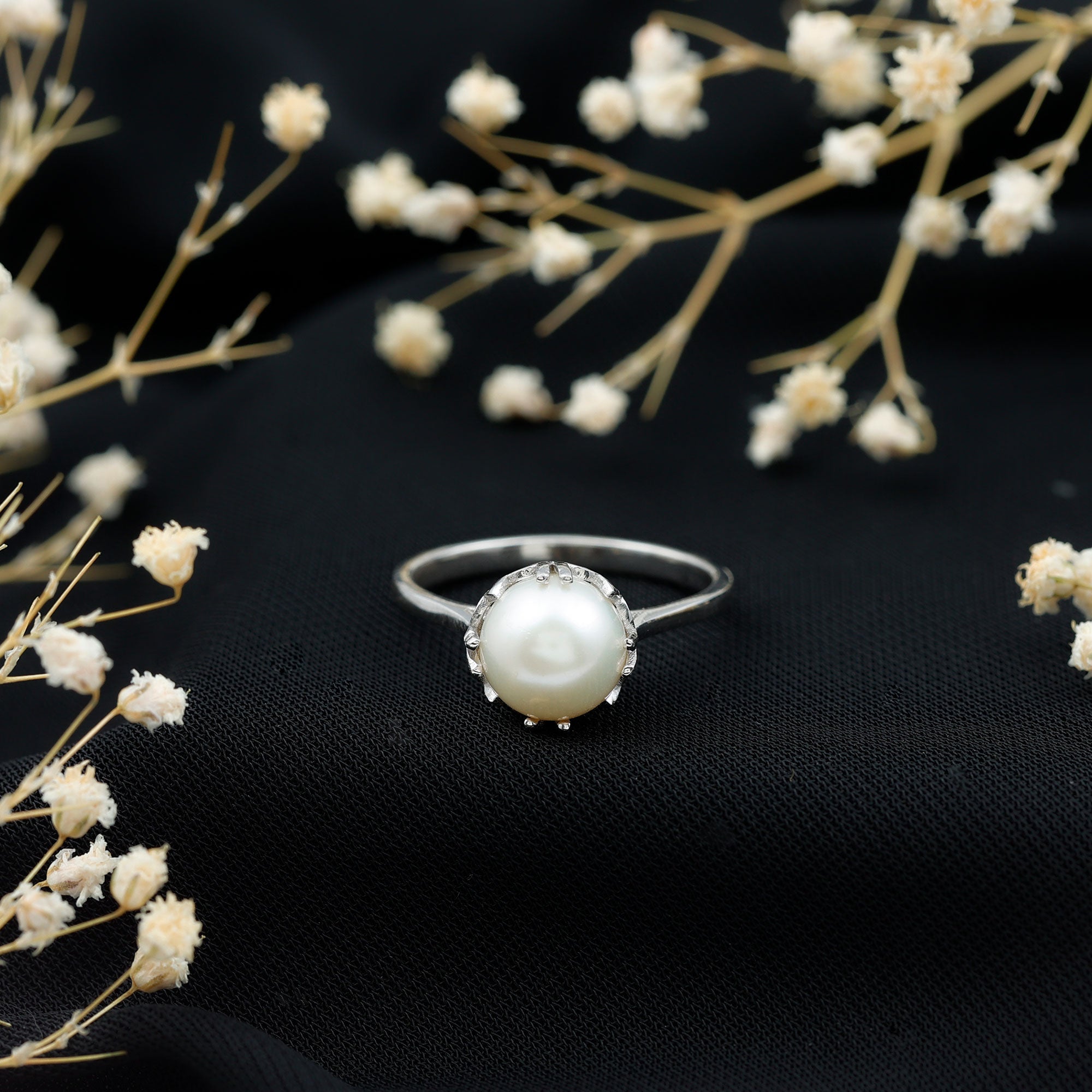 8 MM Round Pearl Art Deco Engagement Ring