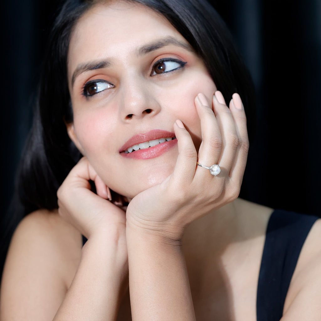 8 MM Round Pearl Art Deco Engagement Ring
