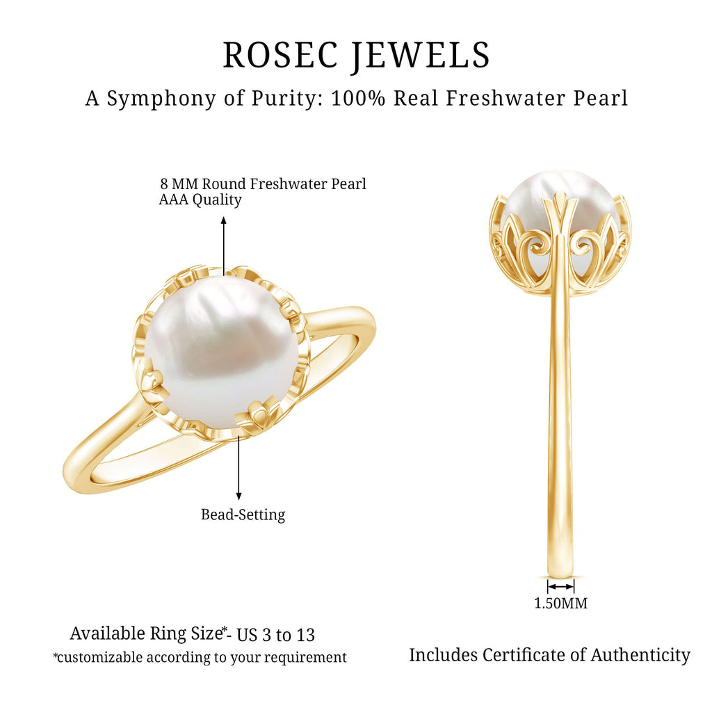 8 MM Round Pearl Art Deco Engagement Ring