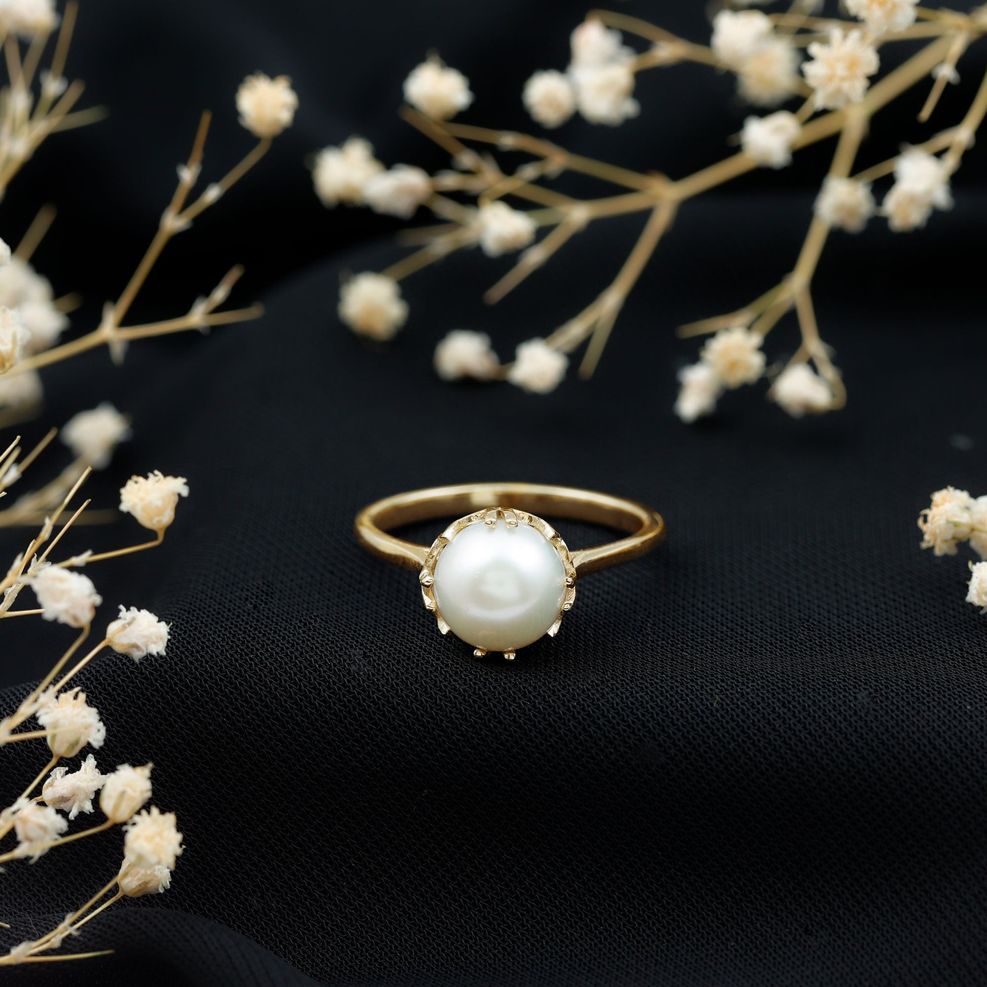 8 MM Round Pearl Art Deco Engagement Ring