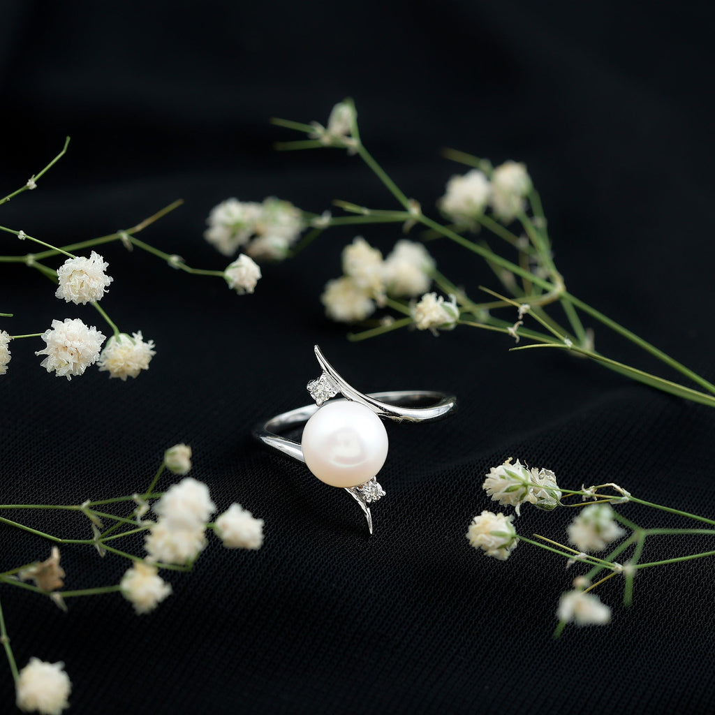 7.50 CT Freshwater Pearl Solitaire Bypass Ring with Diamond