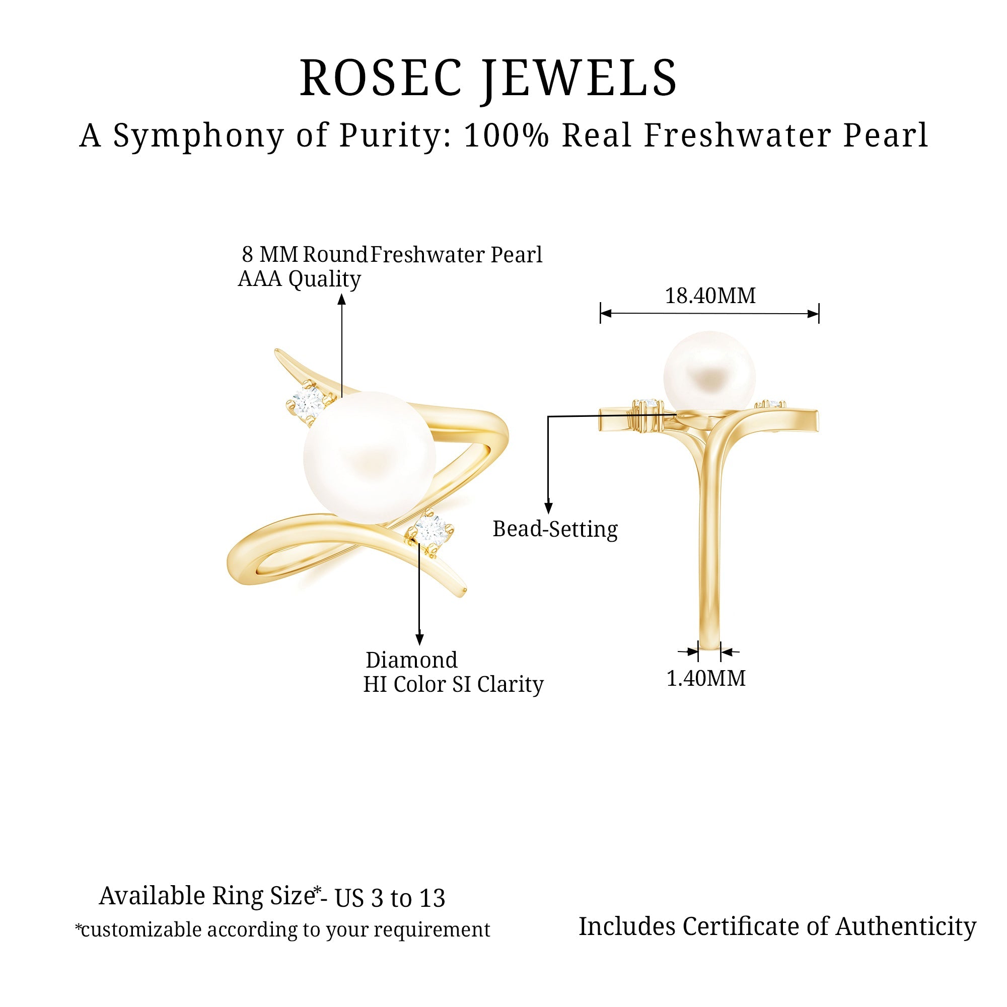 7.50 CT Freshwater Pearl Solitaire Bypass Ring with Diamond