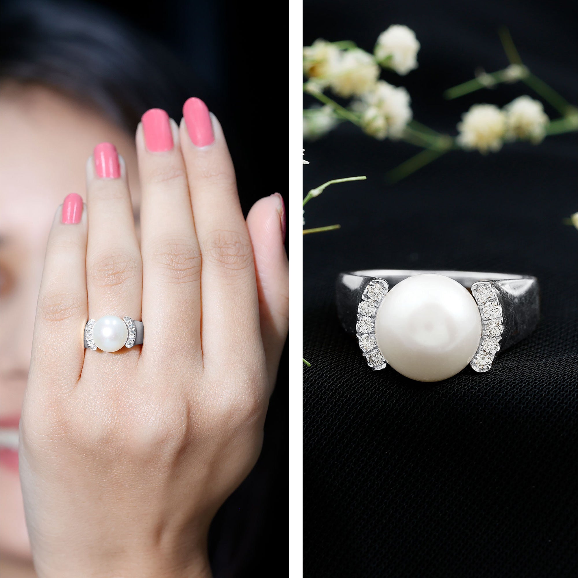 8.25 CT Freshwater Pearl Solitaire with Diamond Collar Ring