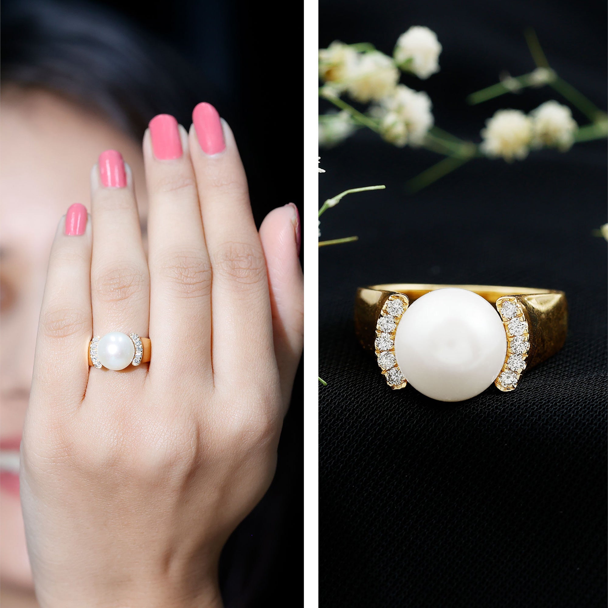 8.25 CT Freshwater Pearl Solitaire with Diamond Collar Ring