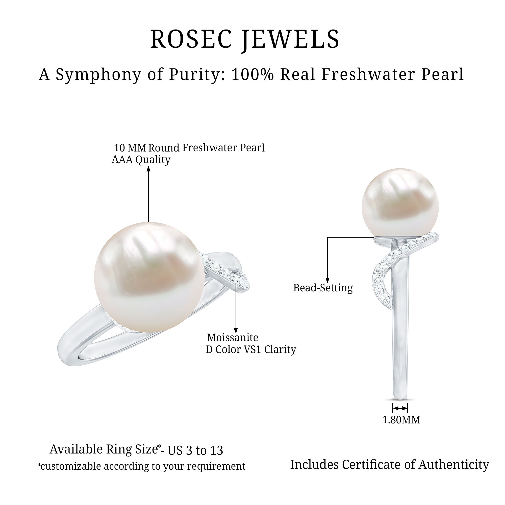 Designer Freshwater Pearl Solitaire Engagement Ring with Moissanite Accent