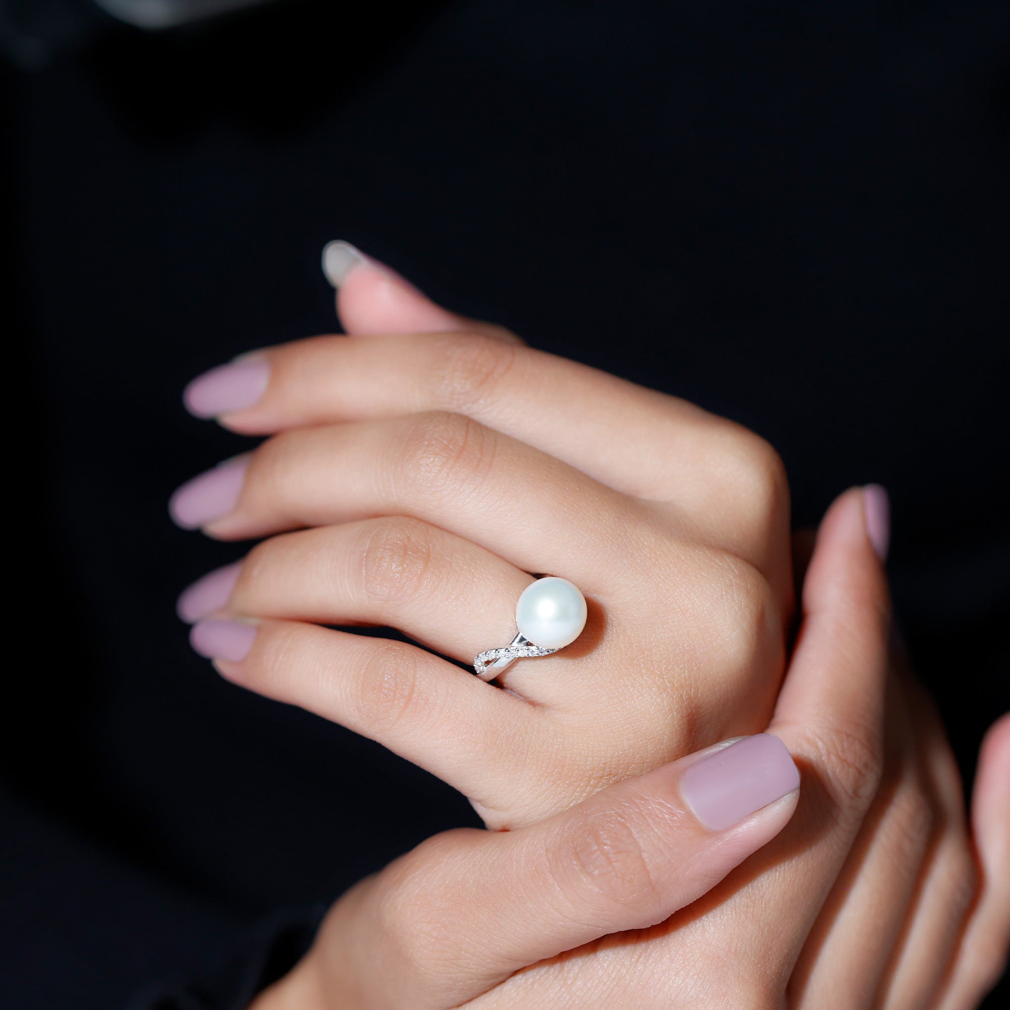 Designer Freshwater Pearl Solitaire Engagement Ring with Moissanite Accent