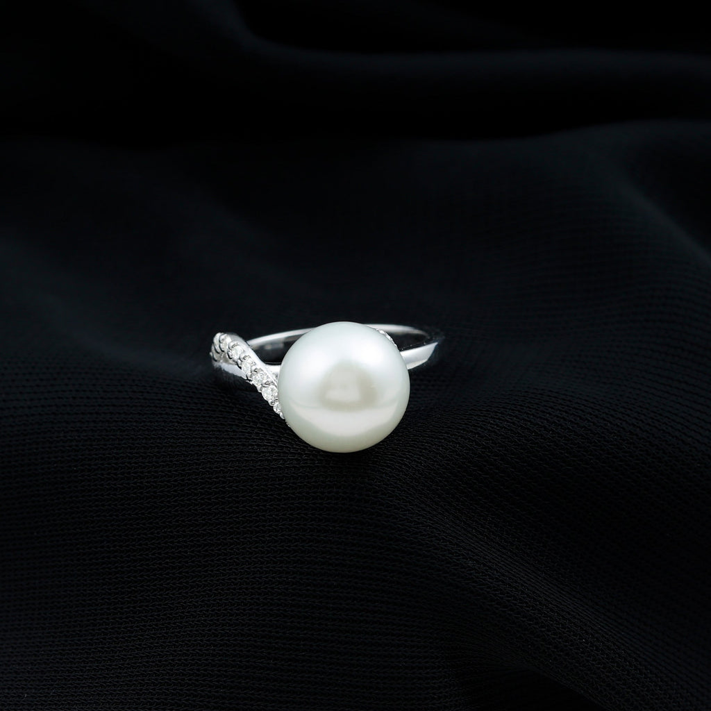 Designer Freshwater Pearl Solitaire Engagement Ring with Moissanite Accent