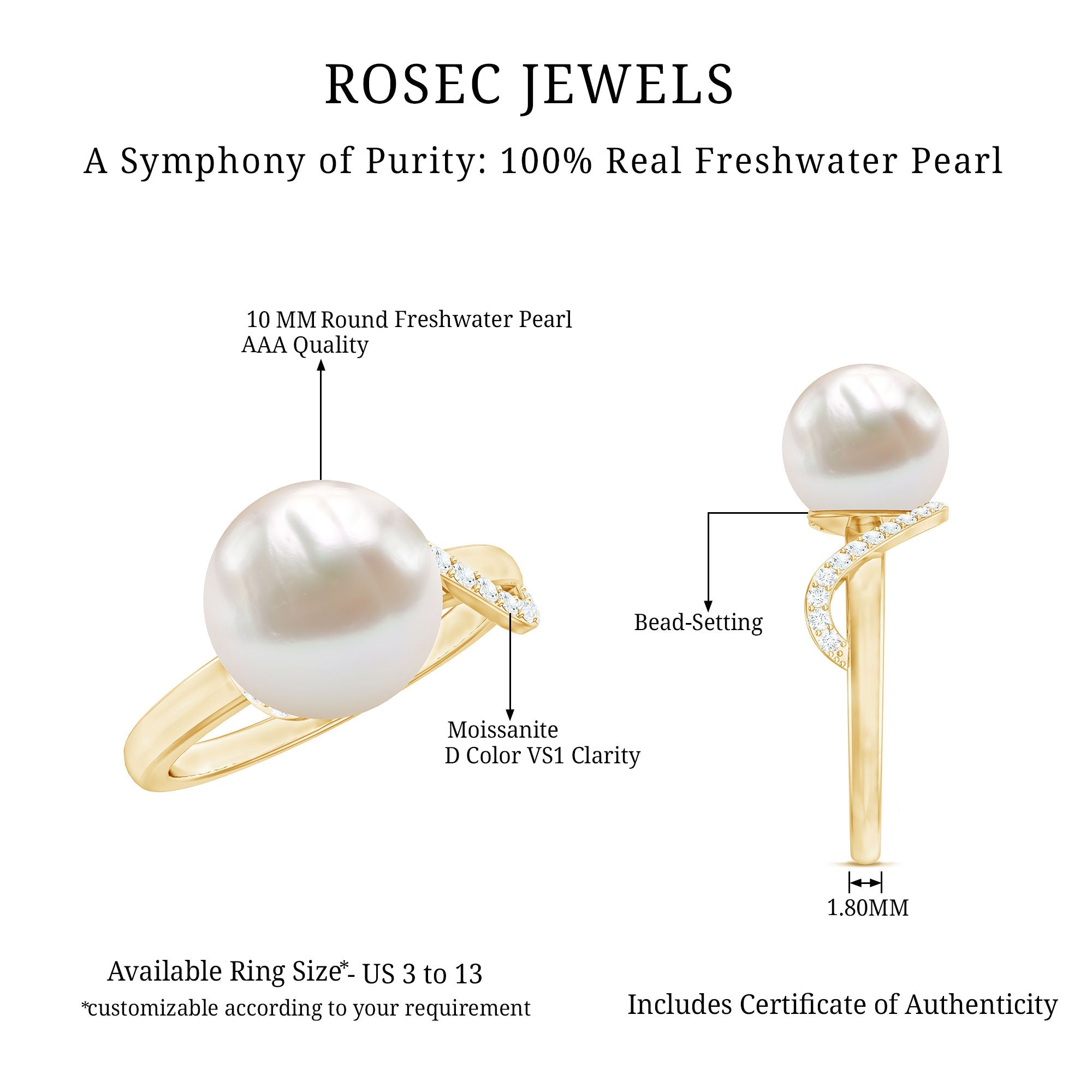 Designer Freshwater Pearl Solitaire Engagement Ring with Moissanite Accent