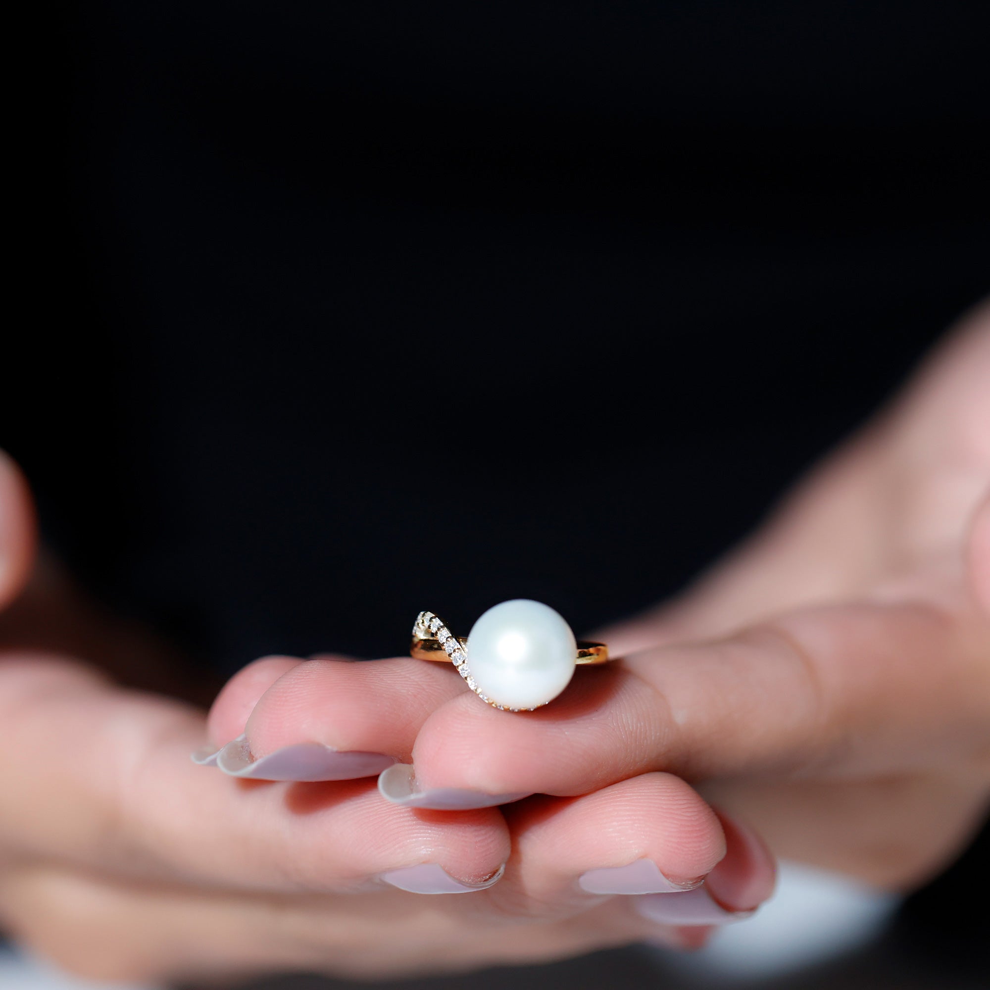 Designer Freshwater Pearl Solitaire Engagement Ring with Moissanite Accent