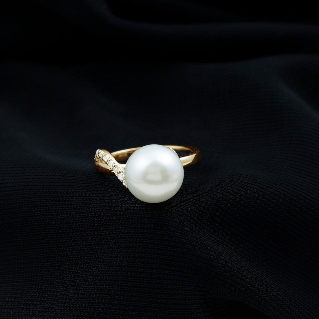 Designer Freshwater Pearl Solitaire Engagement Ring with Moissanite Accent