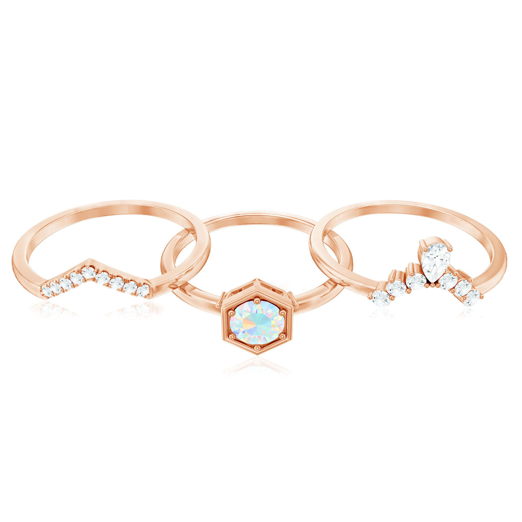 Vintage Inspired Opalescent Diamond Wedding Engagement Ring Set of 3