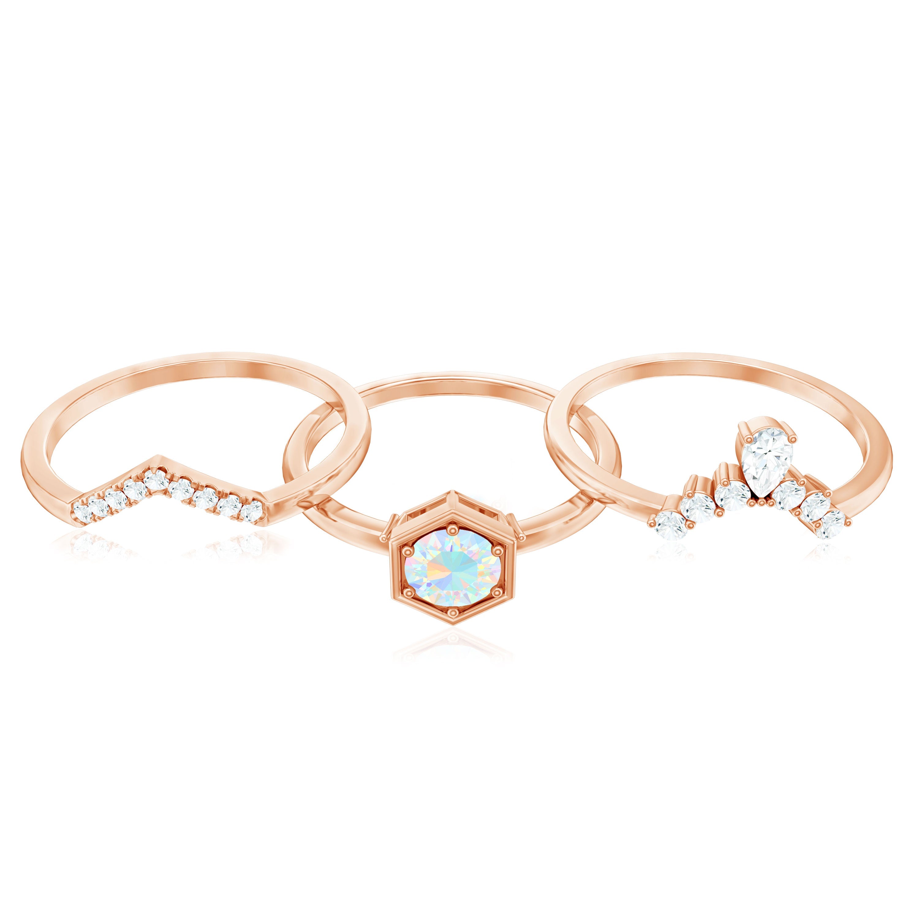 Vintage Inspired Opalescent Diamond Wedding Engagement Ring Set of 3