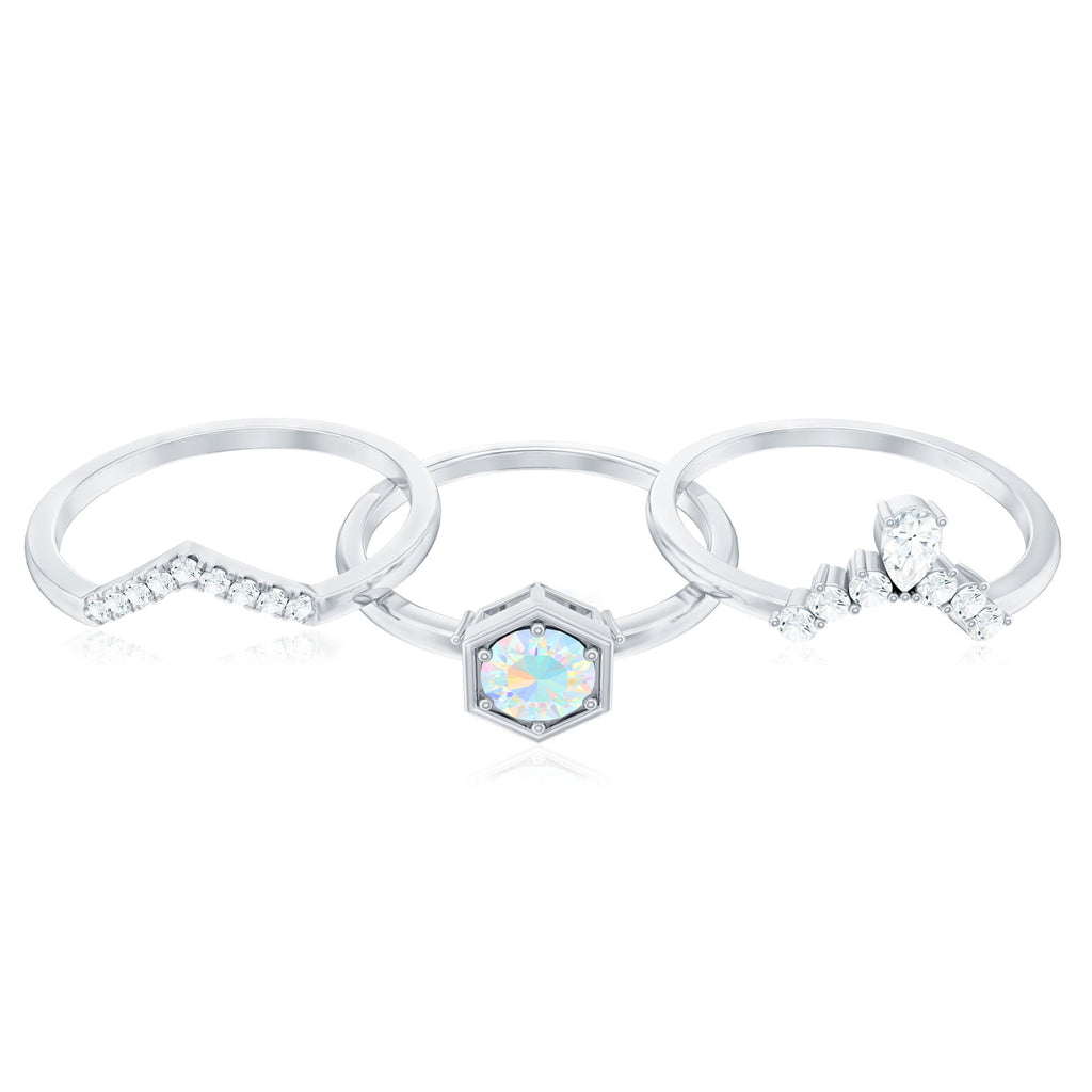 Vintage Inspired Opalescent Diamond Wedding Engagement Ring Set of 3