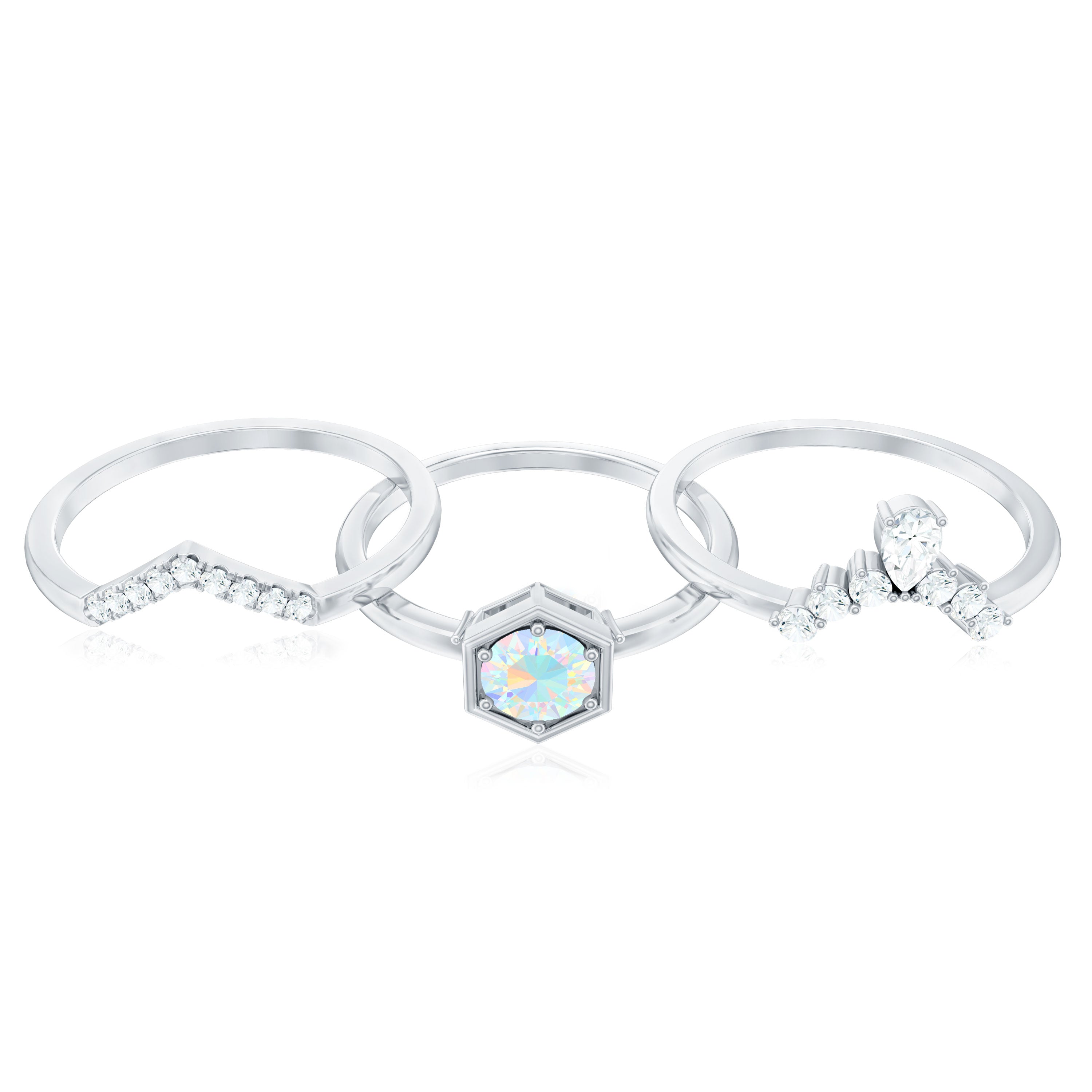 Vintage Inspired Opalescent Diamond Wedding Engagement Ring Set of 3