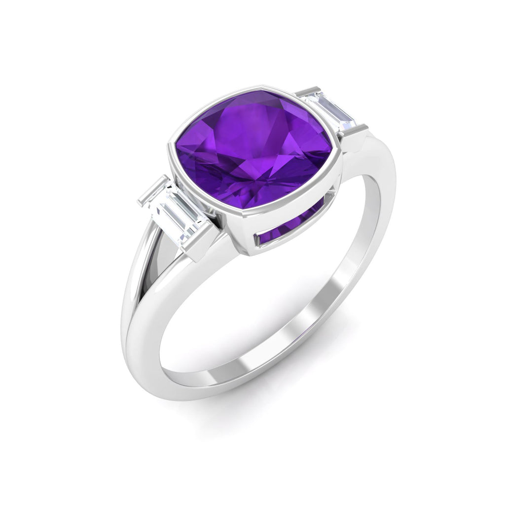 1.50 CT Cushion Cut Amethyst Engagement Ring with Baguette Diamond