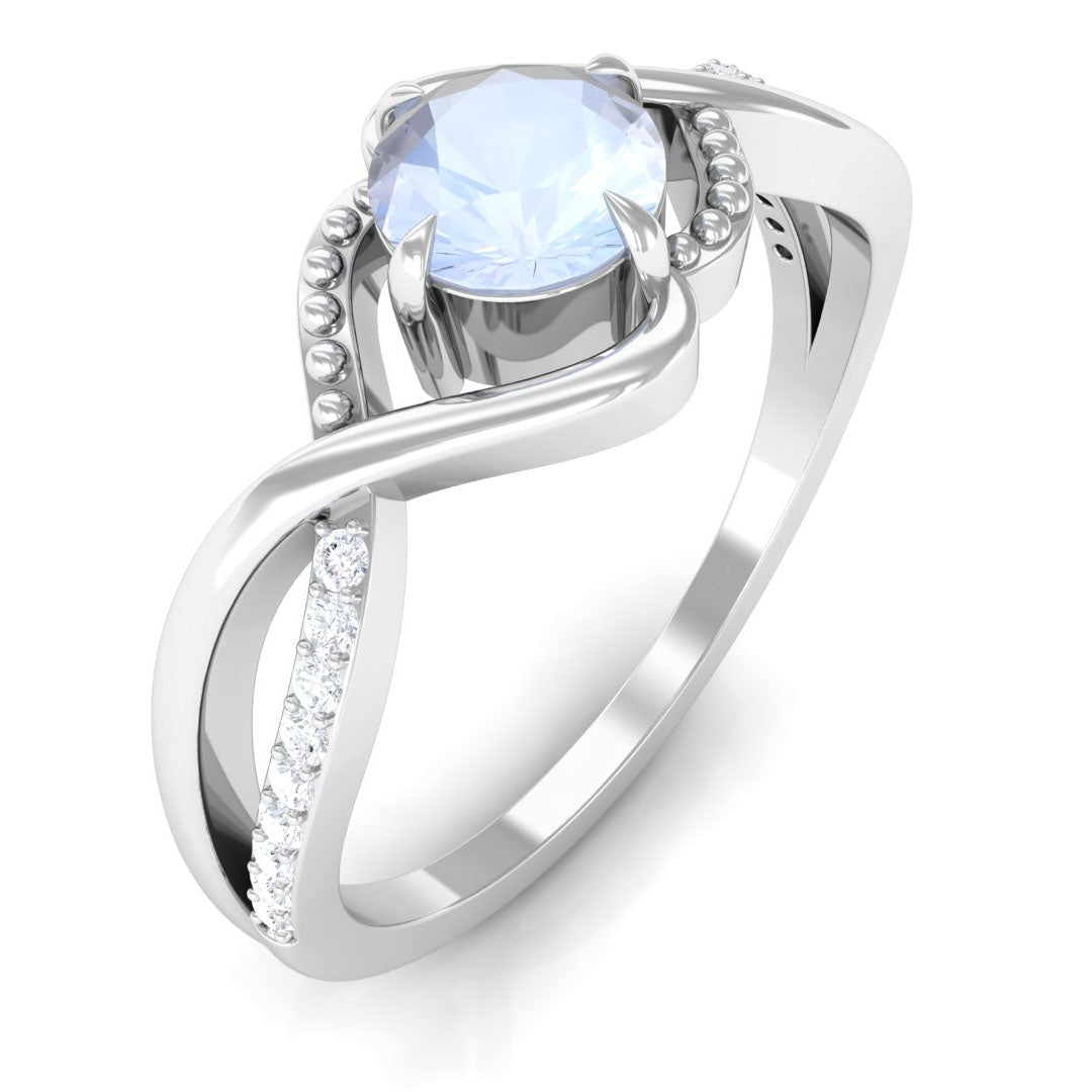 1/2 CT Claw Set Moonstone Solitaire Crossover Ring with Diamond