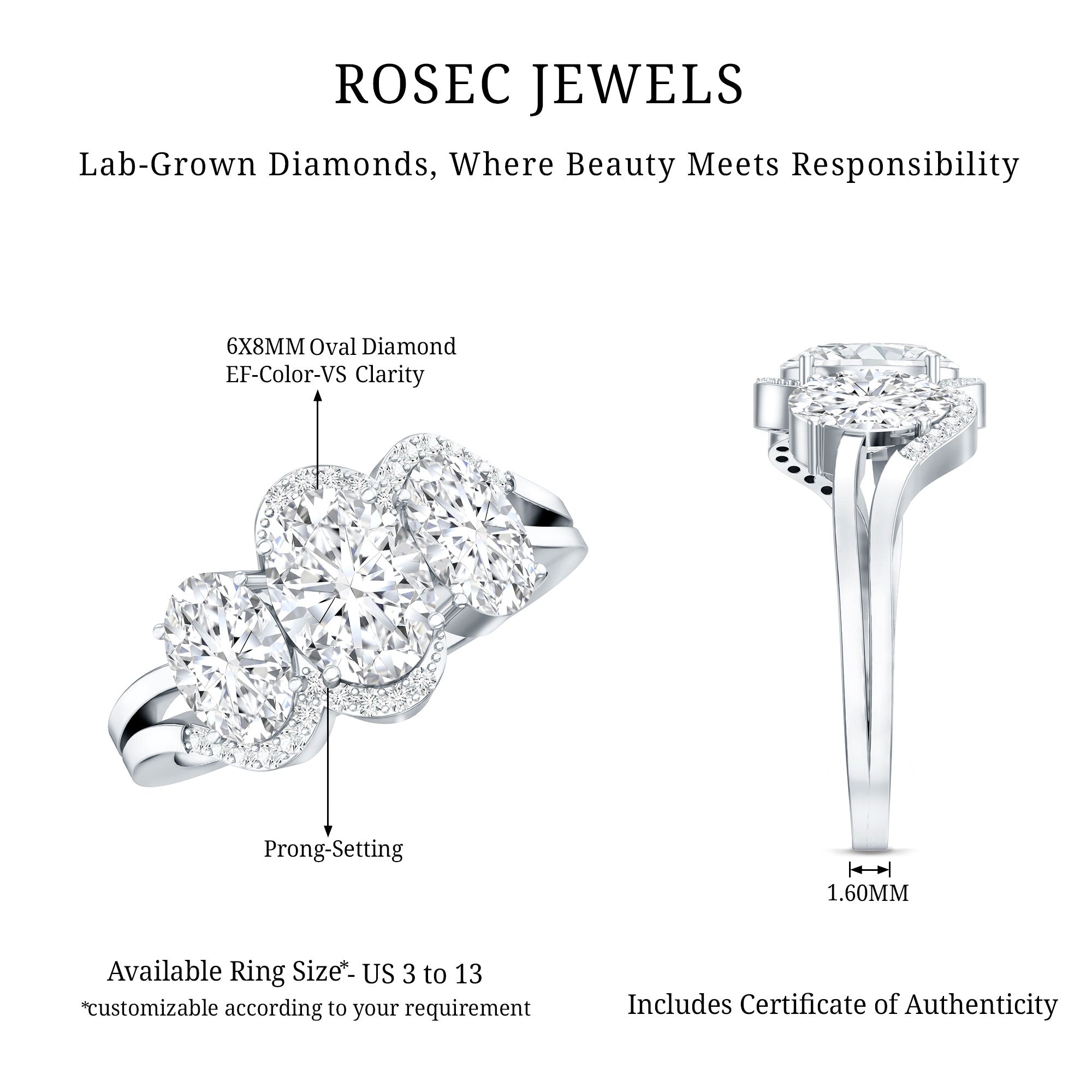 Certified Oval Lab Grown Diamond Three Stone Engagement Ring