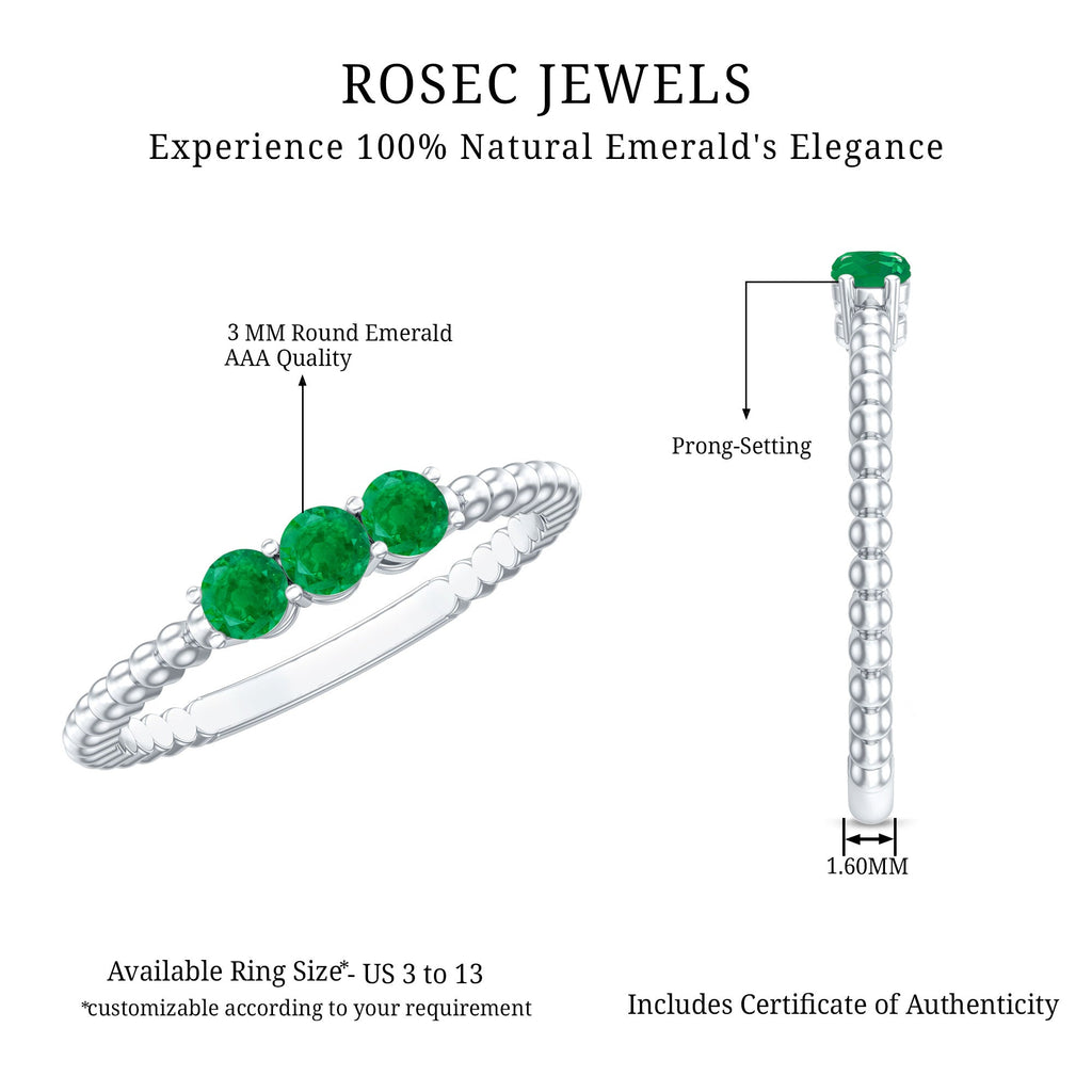 Certified Real Emerald 3 Stone Promise Ring with Beaded Detailing