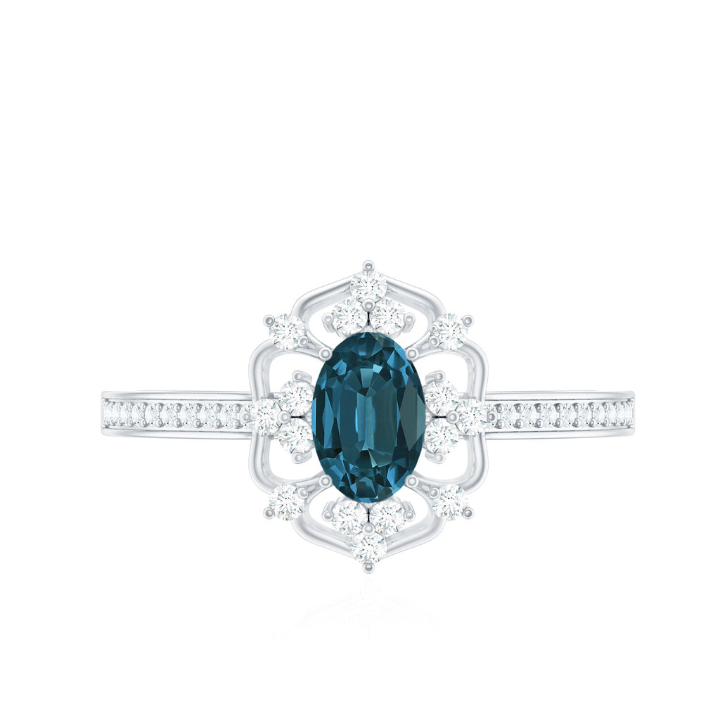 4X6mm Oval Cut London Blue Topaz Vintage Engagement Ring with Diamond