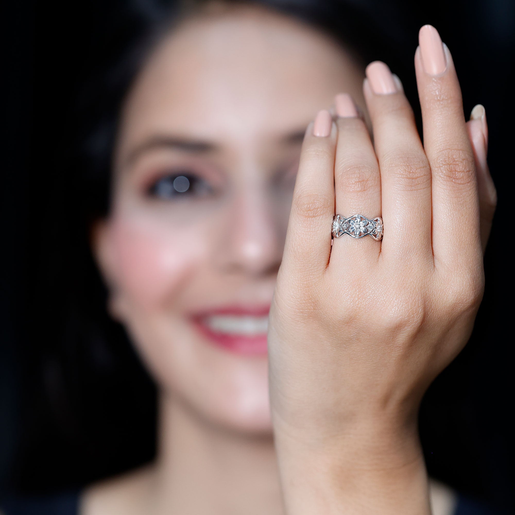 Natural Diamond Flower Wedding Band Ring With Certificate