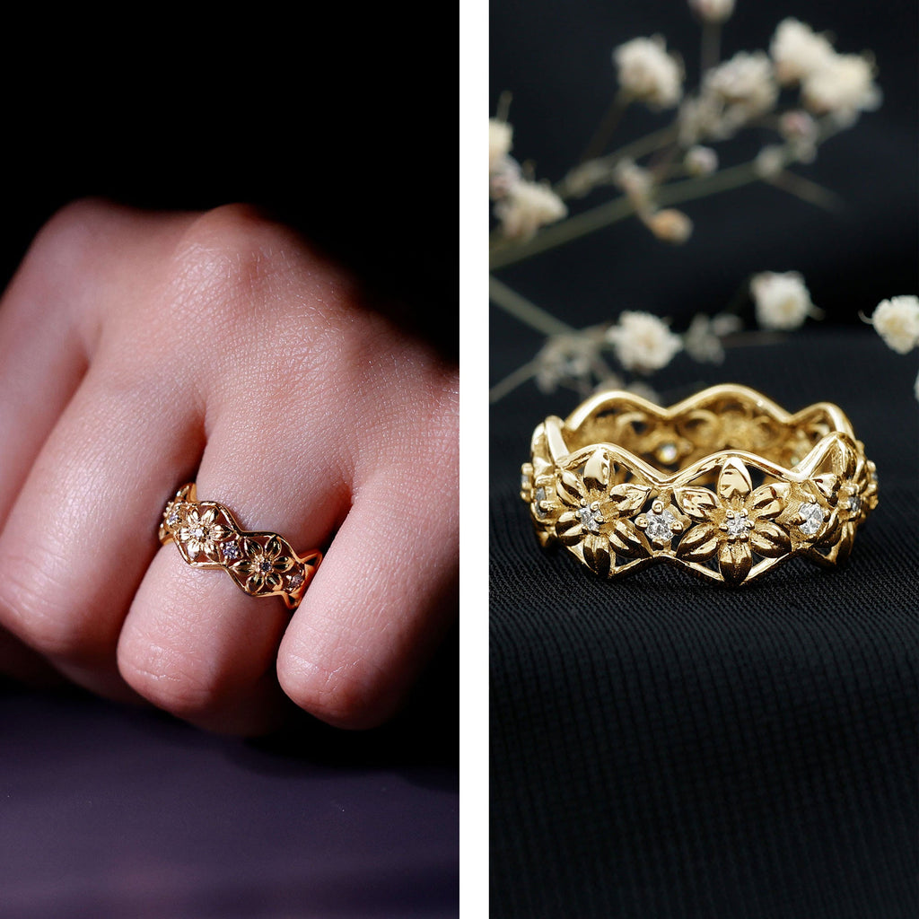 Natural Diamond Flower Wedding Band Ring With Certificate