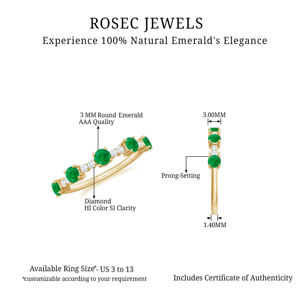 Real Emerald and Diamond Half Eternity Wedding Band Ring