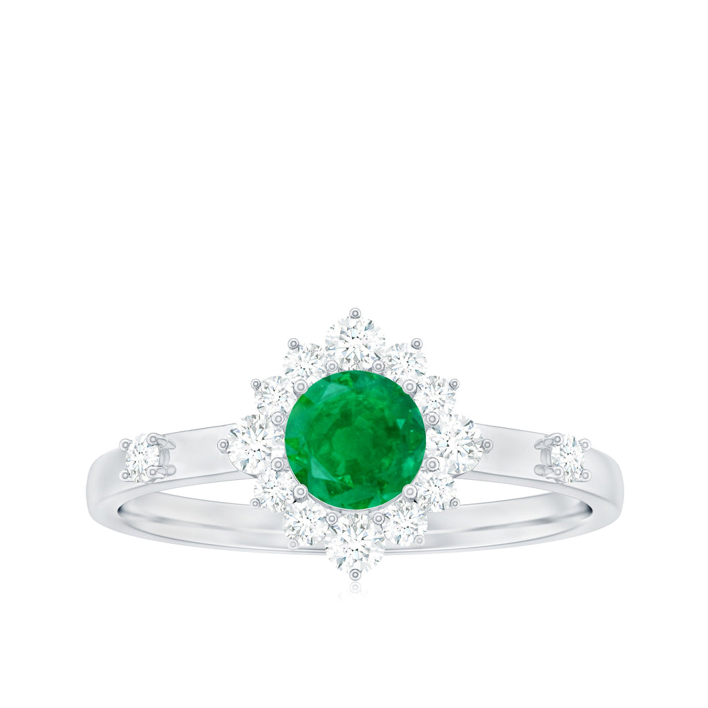 5mm Round Shape Emerald Promise Ring with Diamond Halo