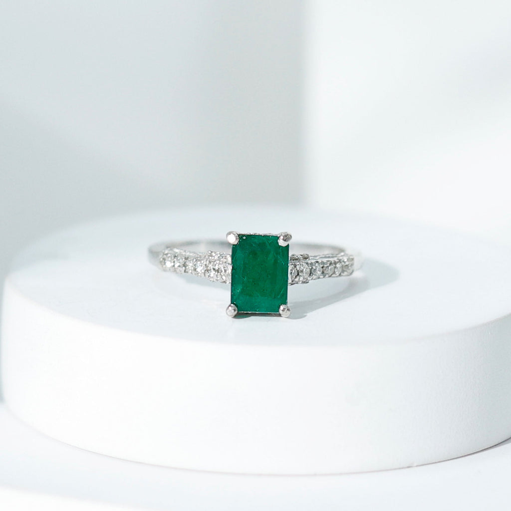 Vintage Inspired 5X7MM Emerald Cut Emerald Engagement Ring with Diamonds