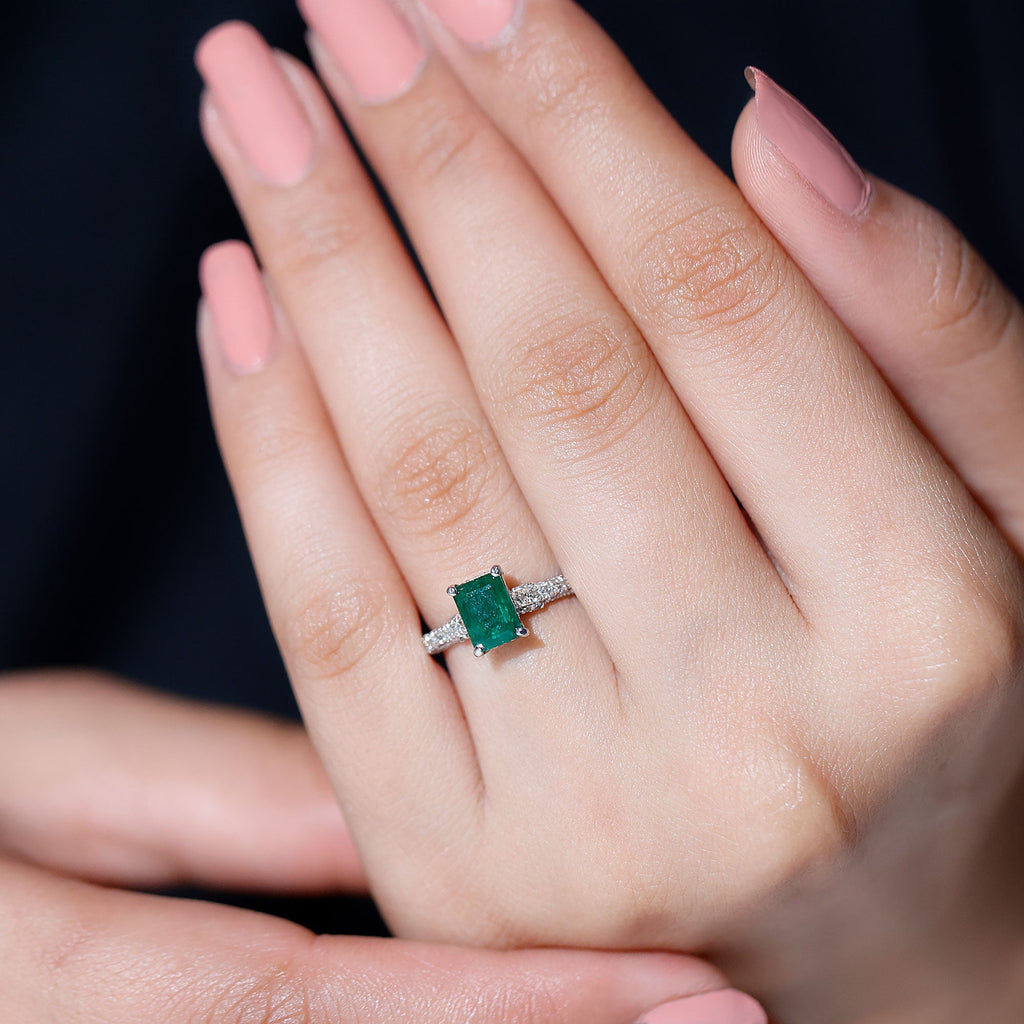 Vintage Inspired 5X7MM Emerald Cut Emerald Engagement Ring with Diamonds