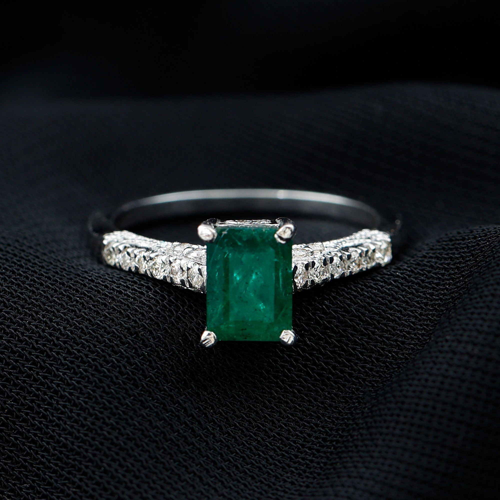 Vintage Inspired 5X7MM Emerald Cut Emerald Engagement Ring with Diamonds