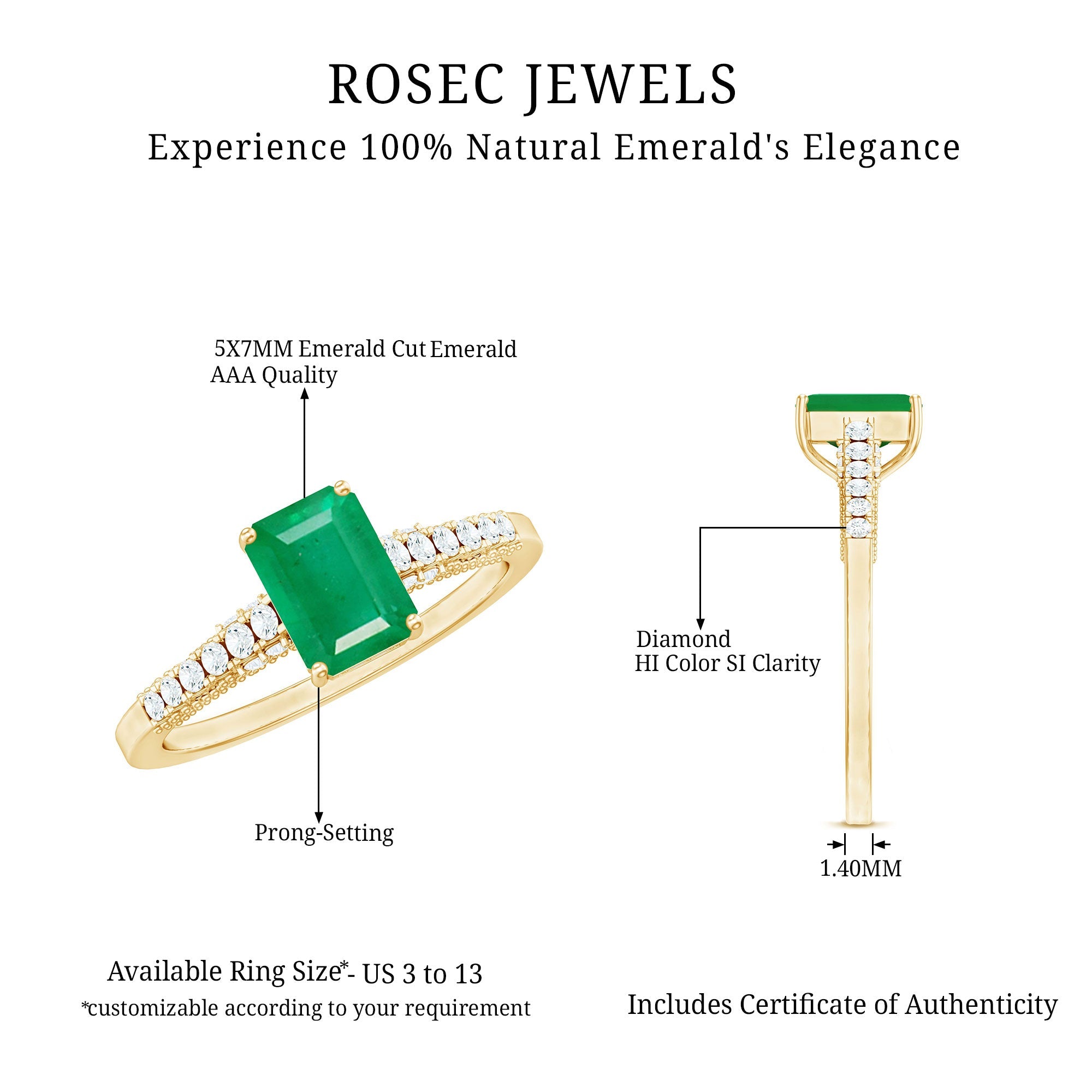 Vintage Inspired 5X7MM Emerald Cut Emerald Engagement Ring with Diamonds