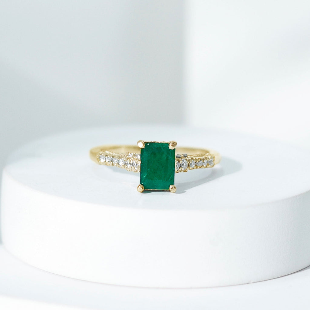 Vintage Inspired 5X7MM Emerald Cut Emerald Engagement Ring with Diamonds
